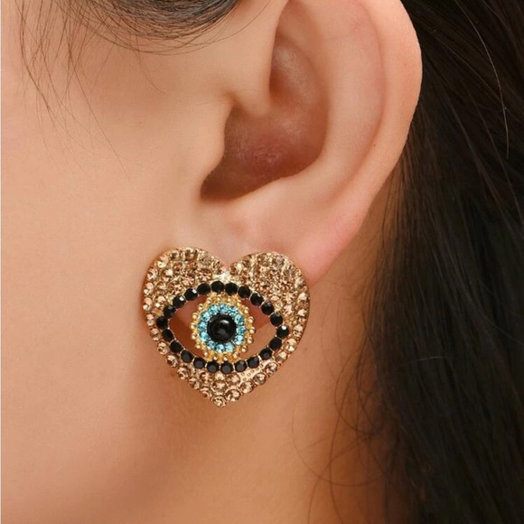 Gold Heart Rhinestone Evil Eye Earrings - Picture 1 of 3